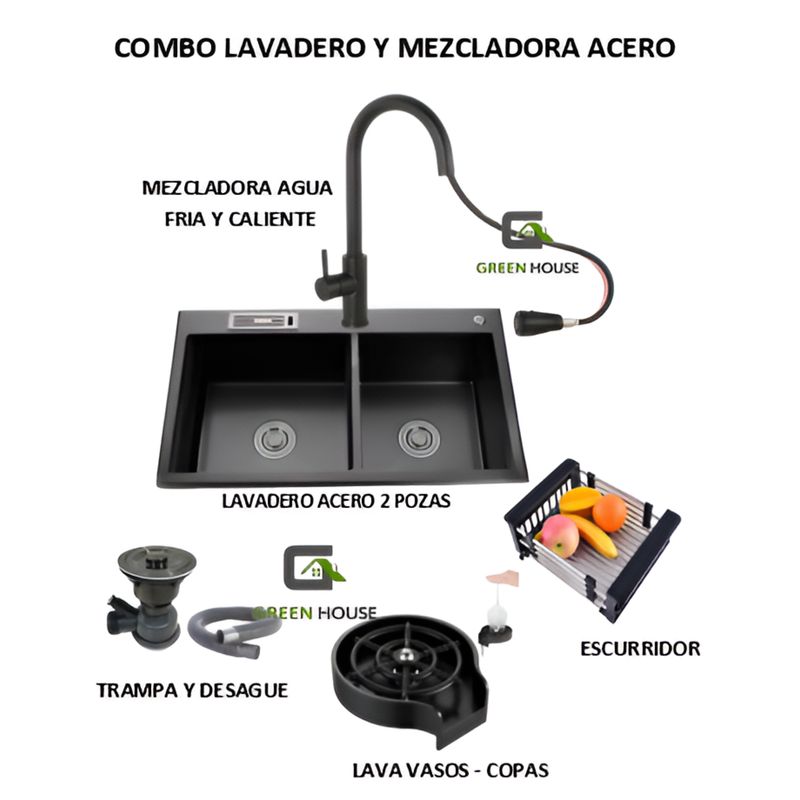 GENERICO - COMBO LAVADERO DE COCINA  2 POZAS NEGRO + MEZCLADORA EXTRAIBLE