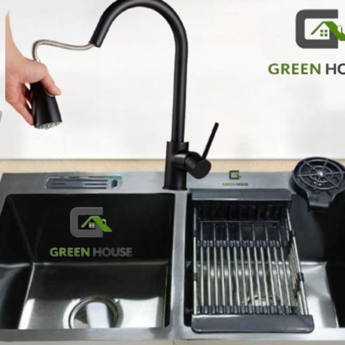 GENERICO - COMBO LAVADERO DE COCINA  2 POZAS NEGRO + MEZCLADORA EXTRAIBLE