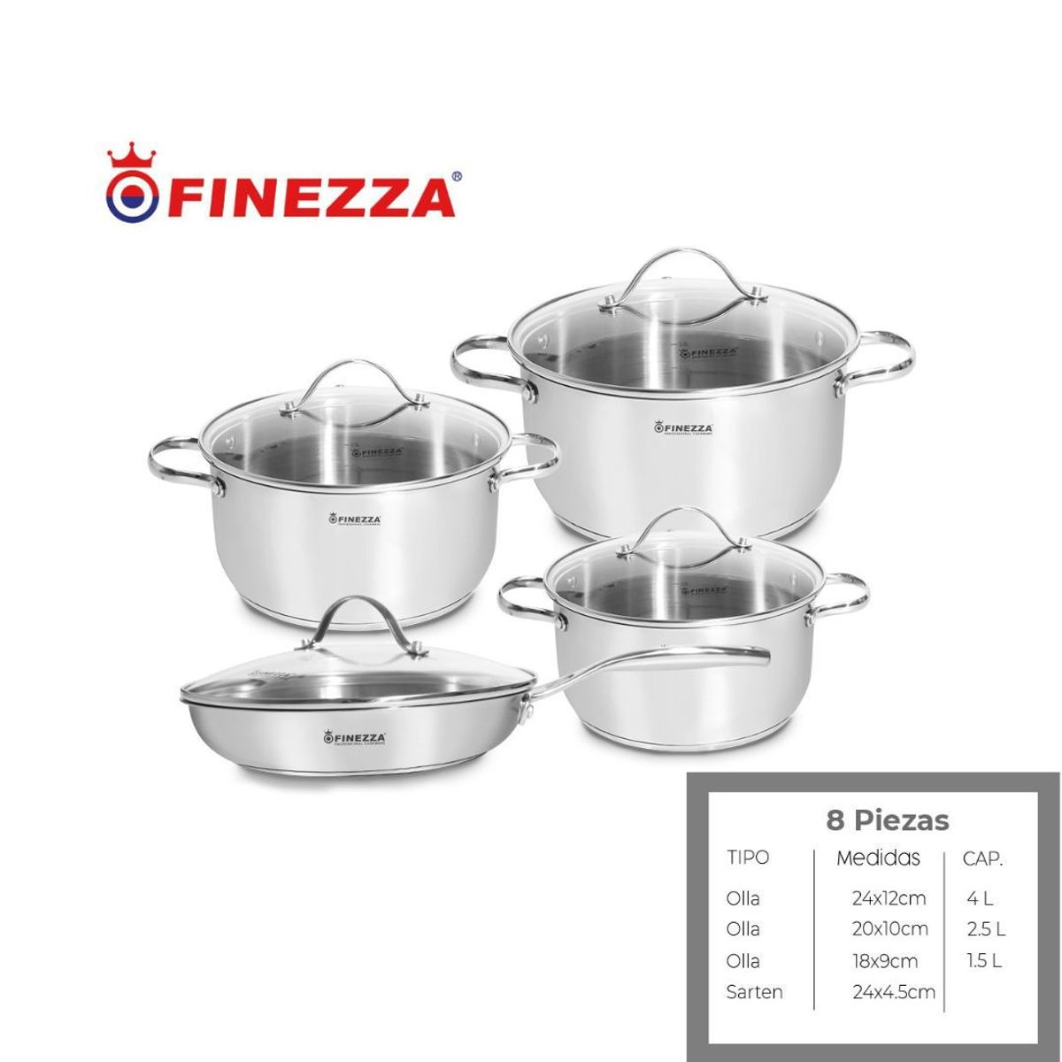FINEZZA - JUEGO DE OLLAS ACERO INOXIDABLE 8 Pzas FINEZZA