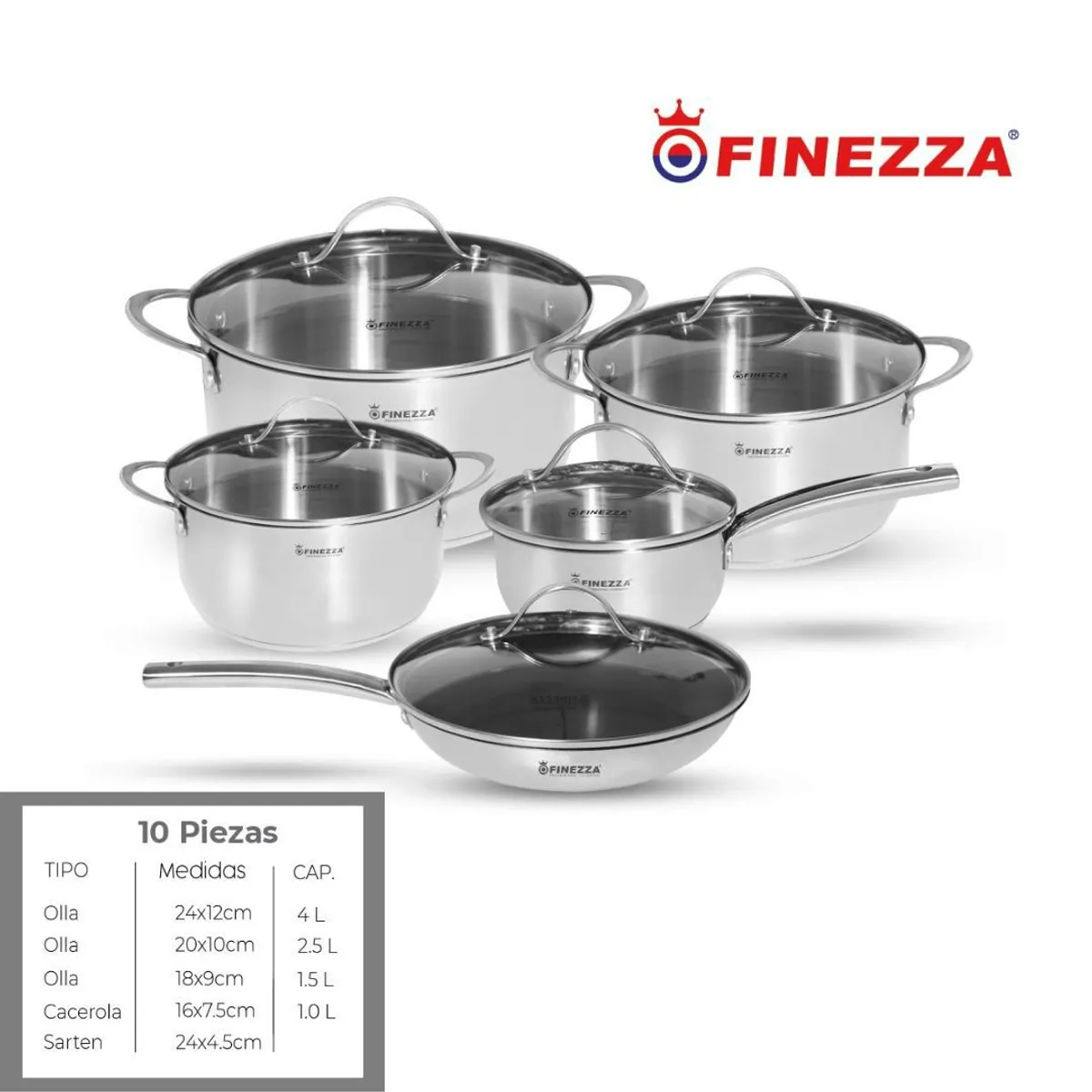 FINEZZA - JUEGO DE OLLAS ACERO INOXIDABLE 10 Pzas FINEZZA
