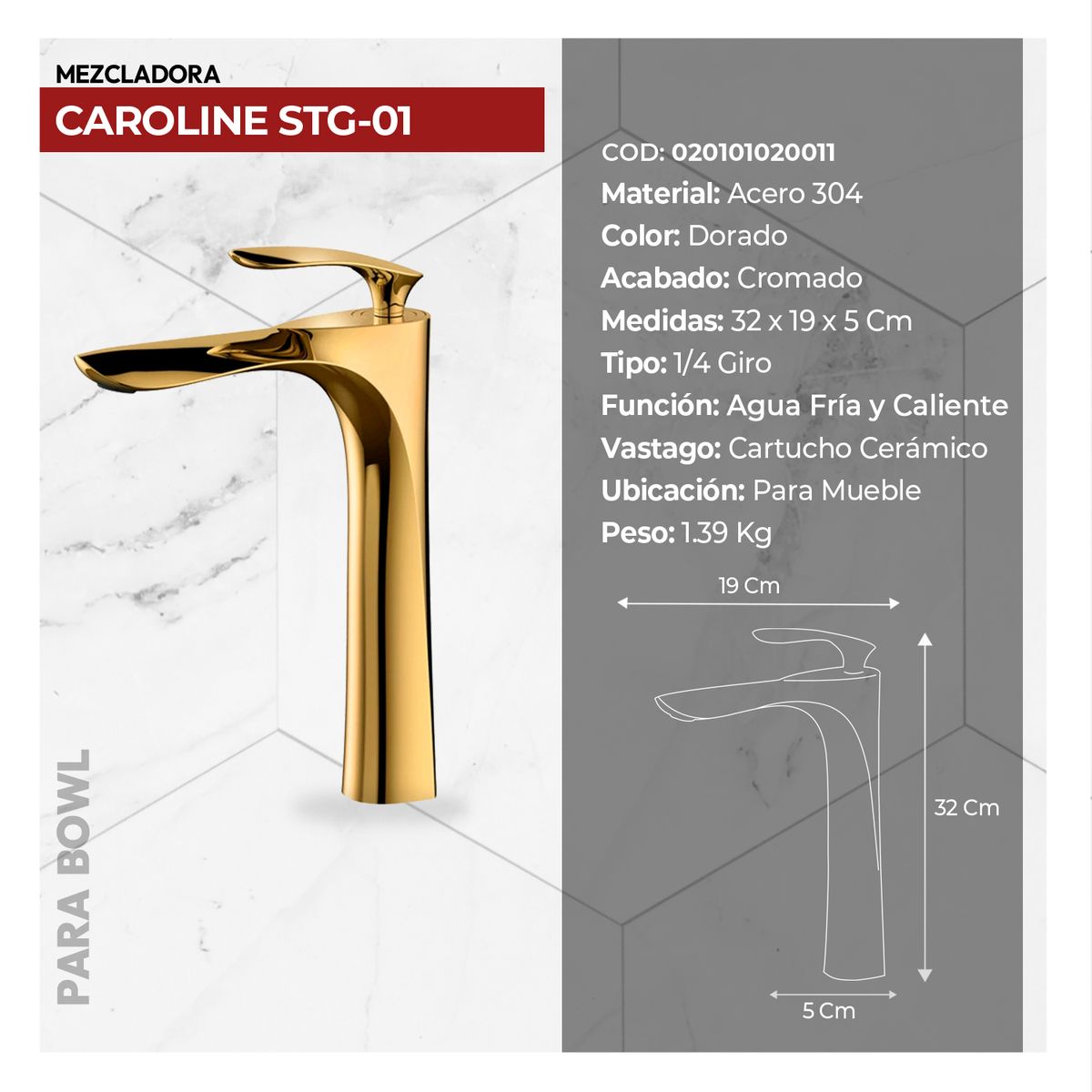 STONE - MEZCLADORA PBOWL AL MUEBLE CAROLINE STG-01 GOLD STONE