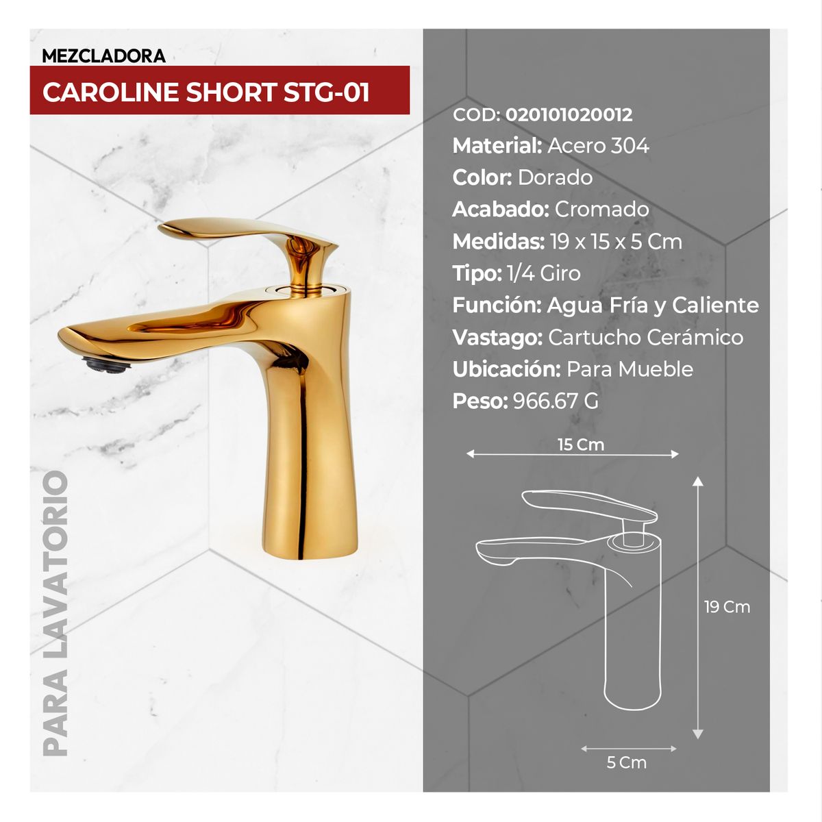 STONE - MEZCLADORA PLAVATORIO CAROLINE SHORT STG-01 GOLDEN STONE