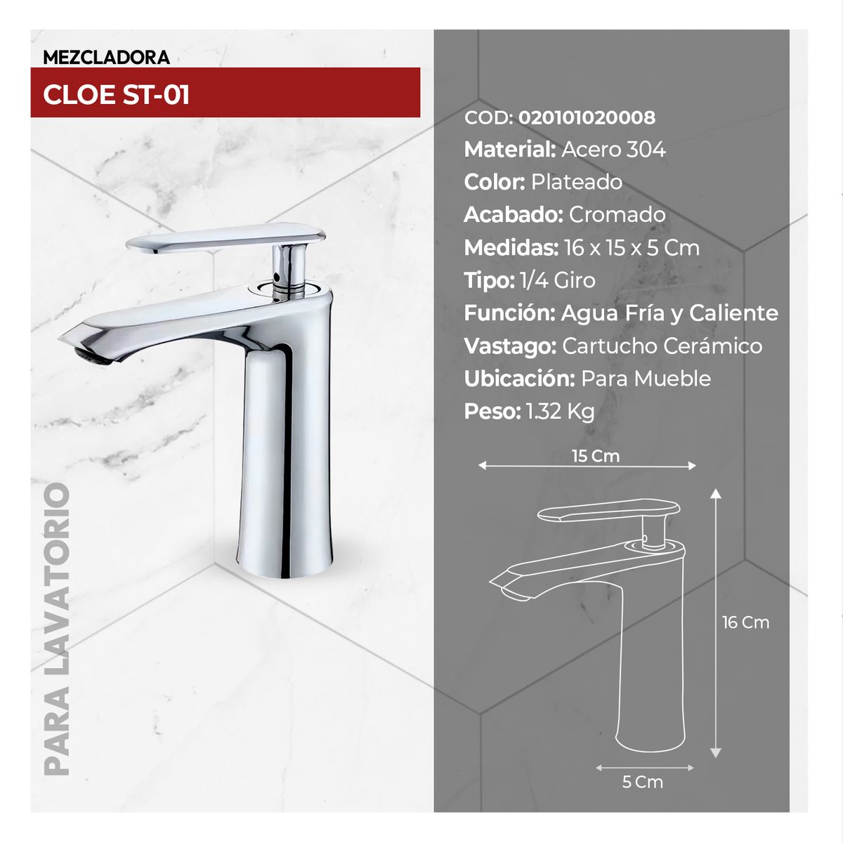 STONE - MEZCLADORA PLAVATORIO CLÓE ST-01 CROMADO STONE