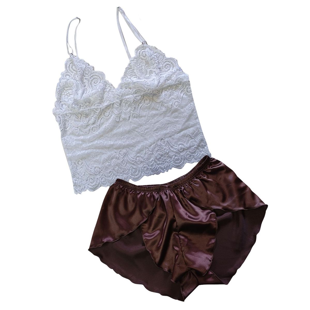 GENERICO - Set Pijama Mujer Bralette Encaje y Short Satín Dos Piezas