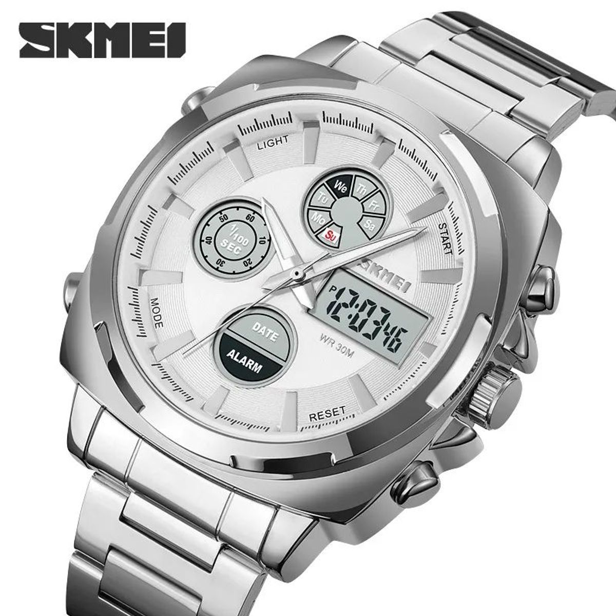 Skmei - Reloj Skmei 1673 Plateado Correa Acero Digital Analogo_.