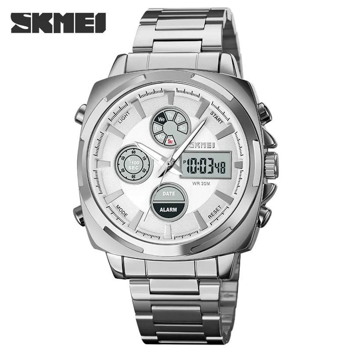 Skmei - Reloj Skmei 1673 Plateado Correa Acero Digital Analogo_.