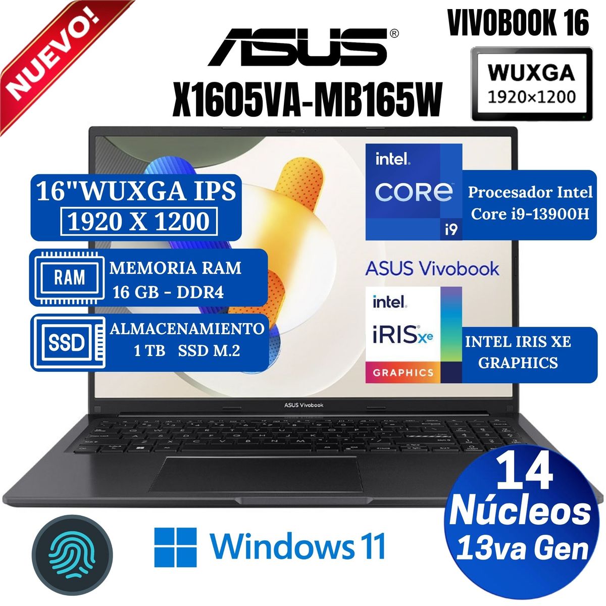 ASUS - Laptop ASUS  X1605VA-MB165W 16" WUXGA IPS, Core i9-13900H -13va Gen, Ram 16GB,1 TB SSD, Win 11