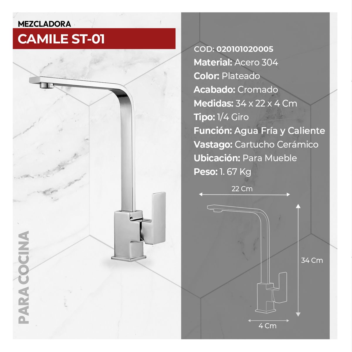 STONE - MEZCLADORA P/COCINA  AL MUEBLE CAMILE ST-01 CROMADO STONE