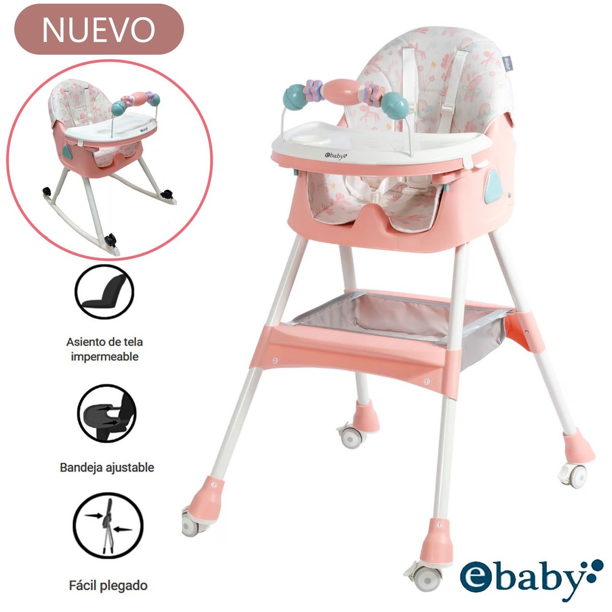 EBABY - Silla de Comer Asiento Reclinable con Ruedas DALI Rosado