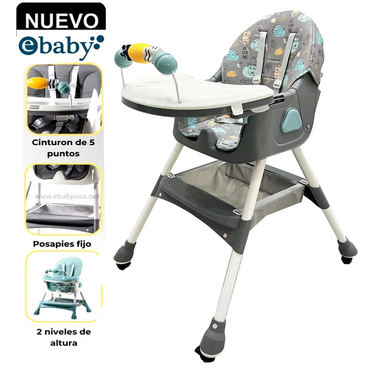 EBABY - Silla de Comer Plegable Con Ruedas Doble bandeja LULU Gris