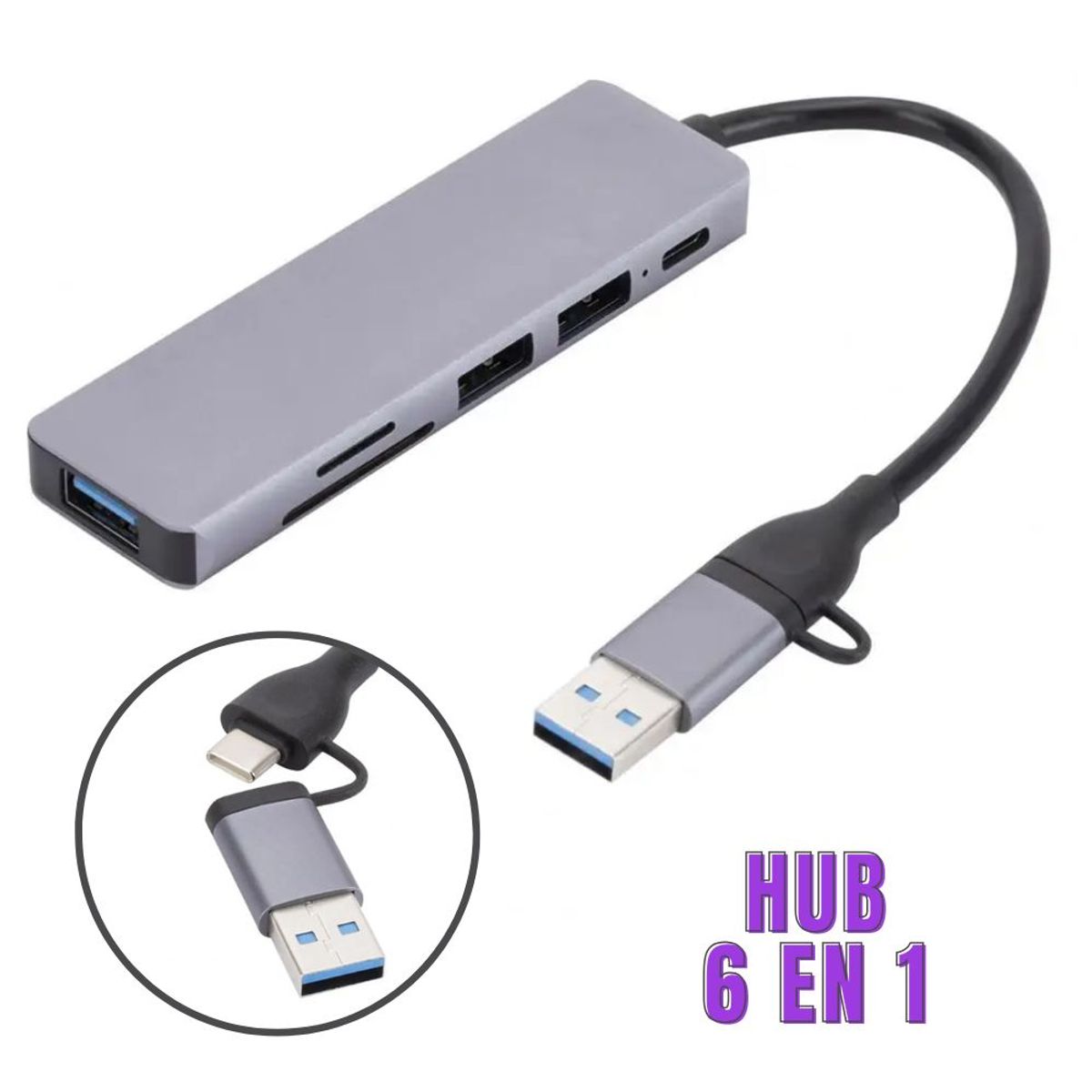 GENERICO - HUB 6 EN 1 CONVERSOR MULTISALIDAS TIPO C , USB 2.0 USB 3.0 + USB GRIS