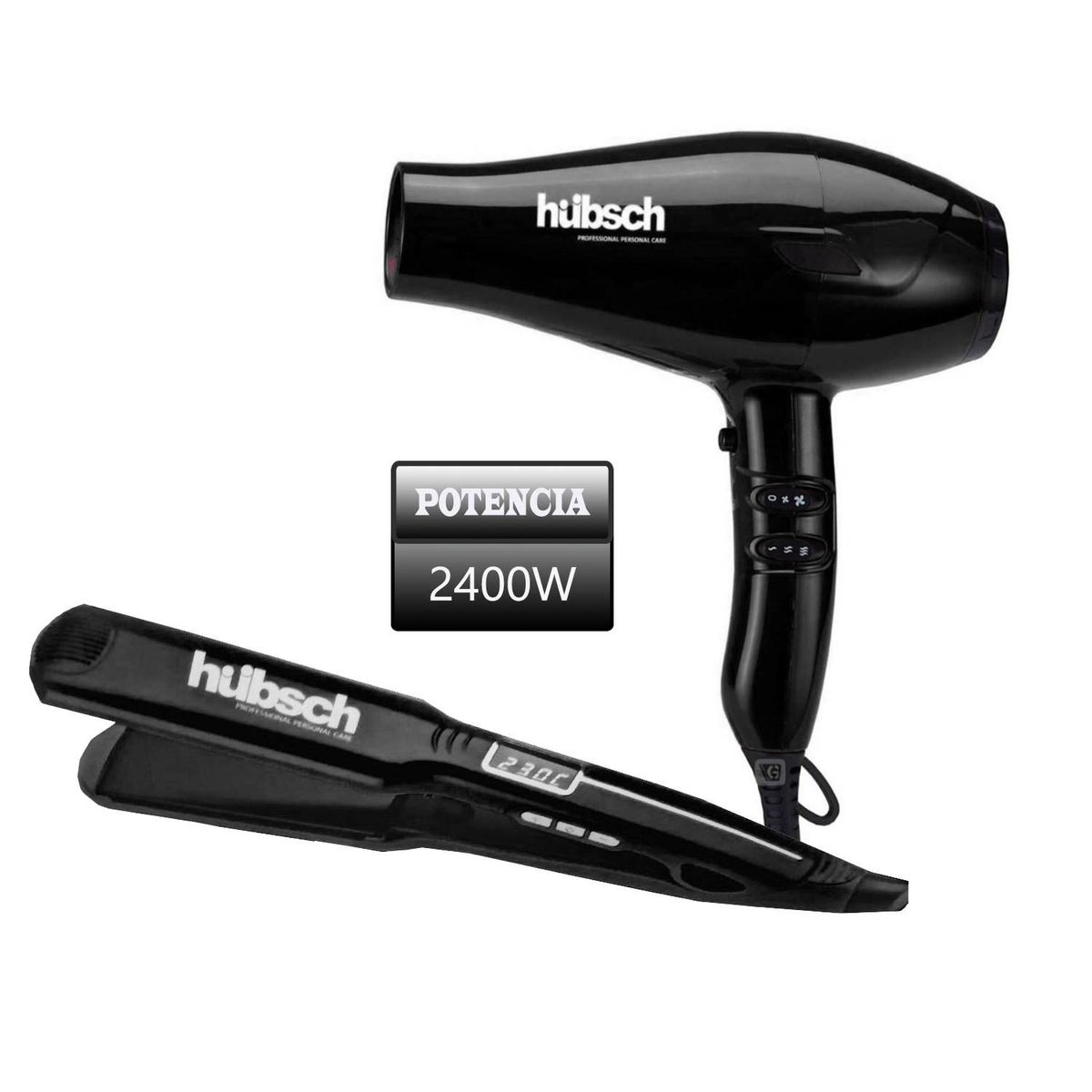 HUBSCH - Combo Secador de Cabello  Alisador Hubsch AC 2400W -Negro