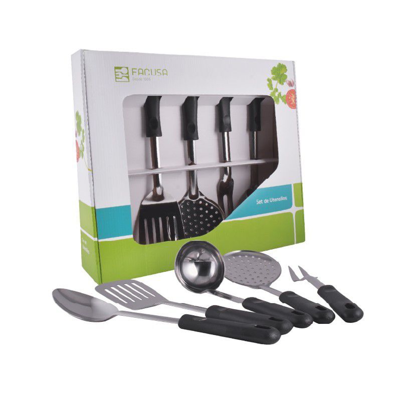 FACUSA - Juego  de Utensilios Acero Inoxidable 5 Piezas Facusa + COLGADOR