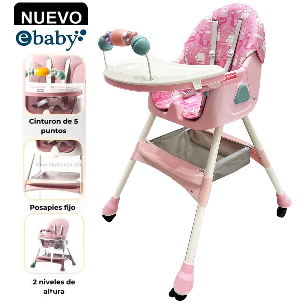 EBABY - Silla de Comer Plegable Con Ruedas Doble bandeja LULU Fucsia