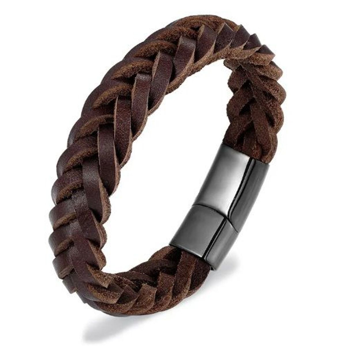 GENERICO - Pulsera Brazalete de Cuero Genuino Puro con Broche Imantado Negro