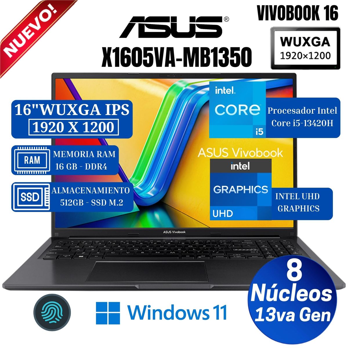 ASUS - Laptop Asus Vivobook X1605ZA-MB1350 16" WUXGA IPS, Core i5-13420H, Ram 16GB, SSD 512GB, Win 11
