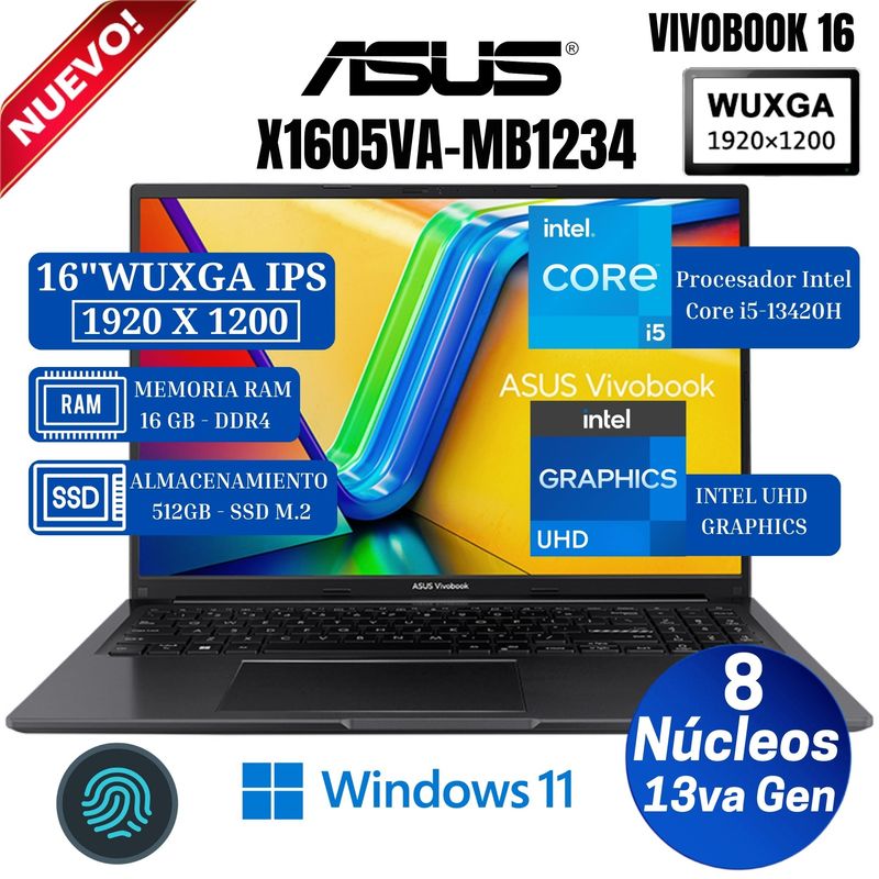 ASUS - Laptop Asus Vivobook X1605ZA-MB1234 16"  WUXGA IPS, Core i5-13420H, Ram 16GB, SSD 512GB, Win 11