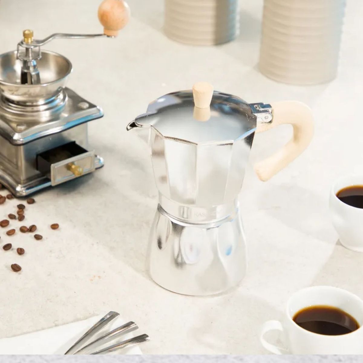 GENERICO - Cafetera Italiana Clásica con Mango de Madera de 300 ML Plata