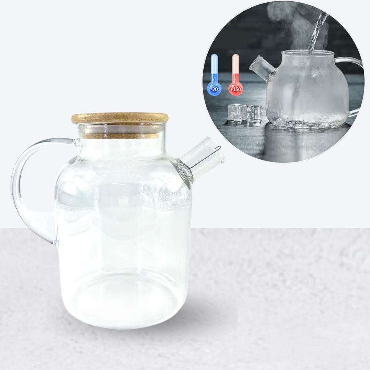 GENERICO - Tetera Transparente de Vidrio de Borosilicato con Tapa de Bambú  1.8 L