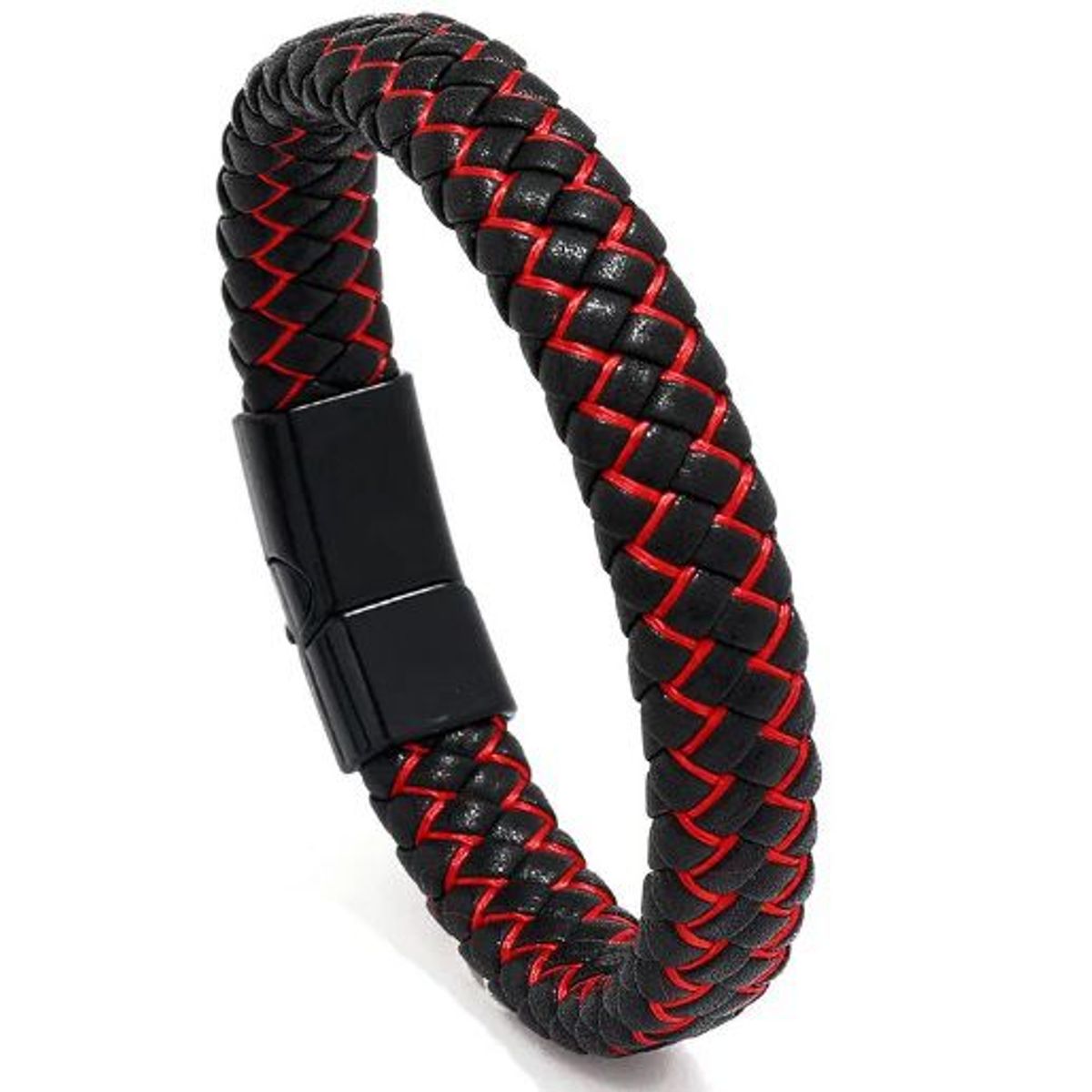 GENERICO - Pulsera Brazalete de Cuero trenzado Rojo con Broche Imantado Hombres