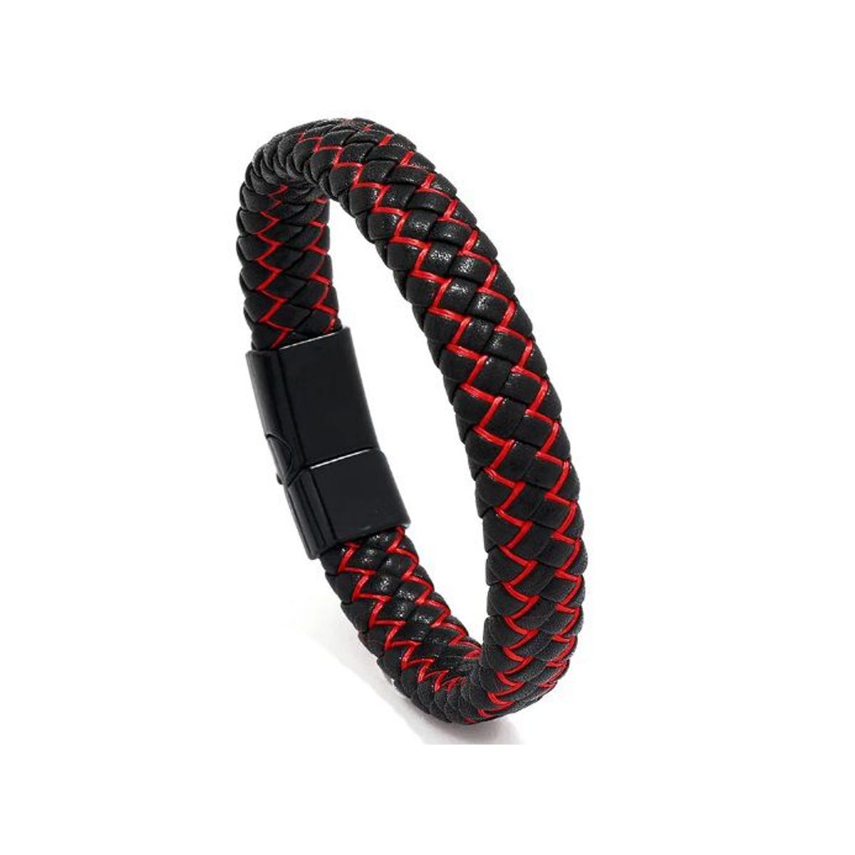GENERICO - Pulsera Brazalete de Cuero trenzado Rojo con Broche Imantado Hombres