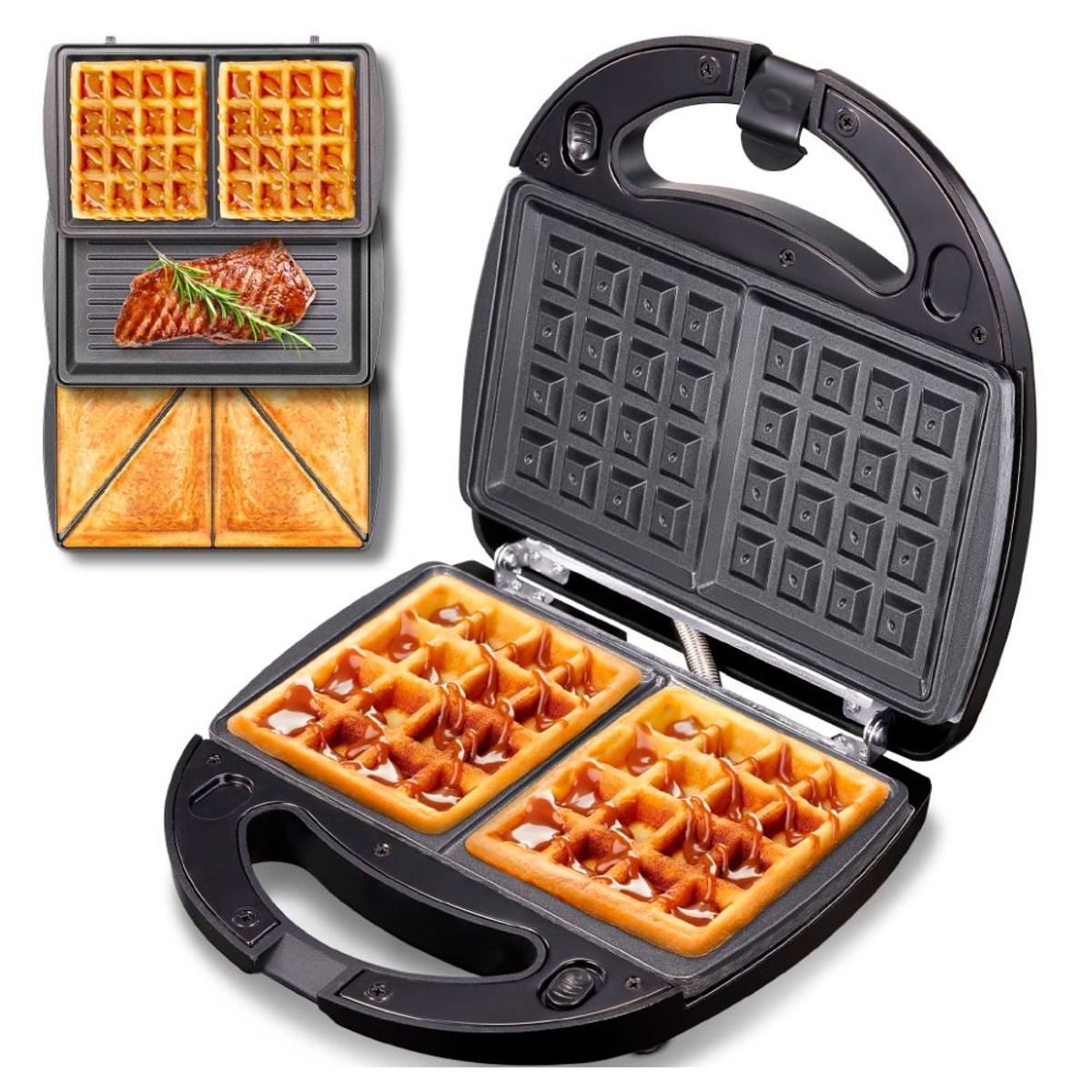RAFF - Sandwichera 850 W 4 en 1 Para Postres Desayunos Donas Waflera Negro