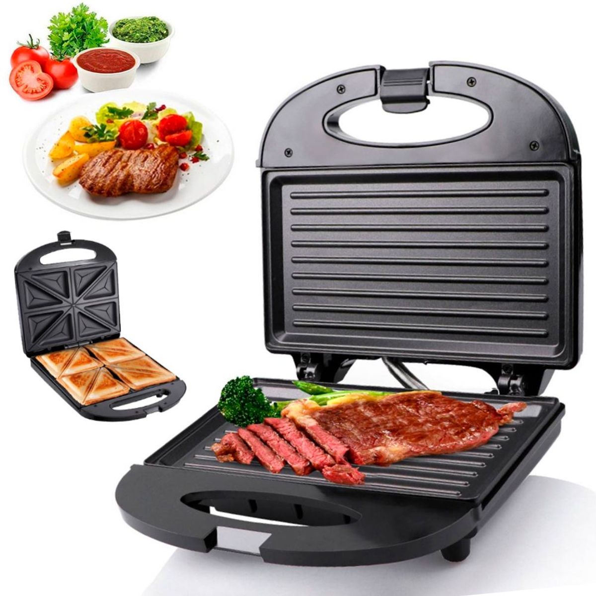 RAFF - Sandwichera 850 W 4 en 1 Para Postres Desayunos Donas Waflera Negro