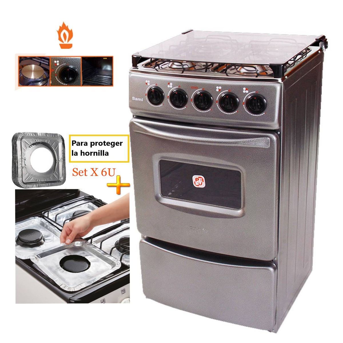 GENERICO - Cocina Fadic con tapa de vidrio y horno sami 4h Gris  +Protector