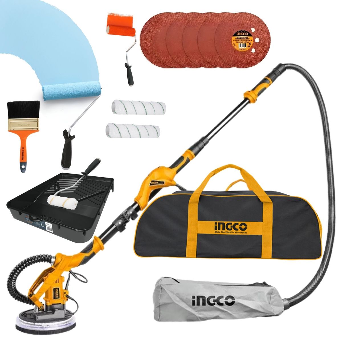 INGCO TOOLS - COMBO LIJADORA DE PARED Y TECHO FINO ACABADO KIT RODILLO PARA PINTAR
