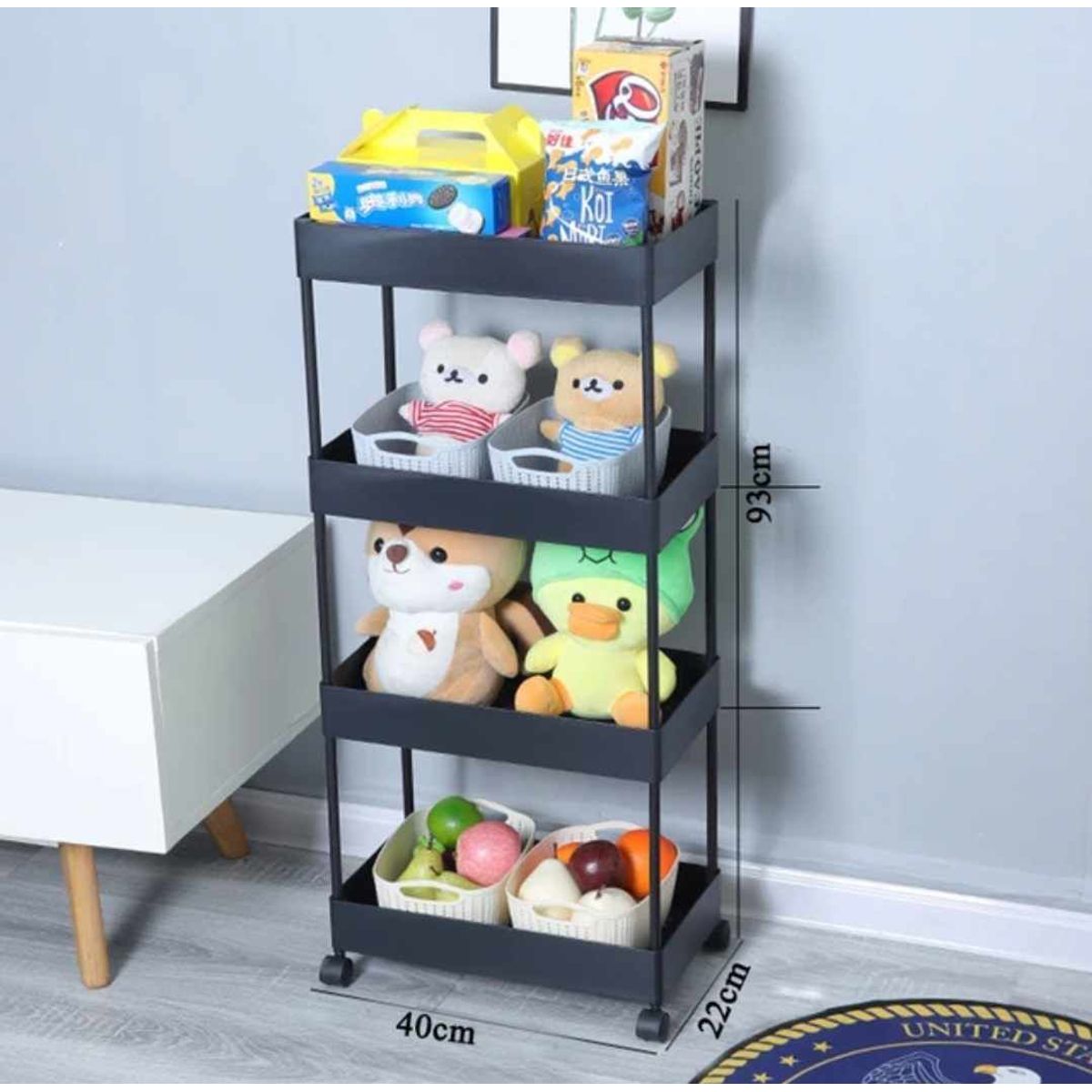 GENERICO - Organizador de Hogar Cocina 4 Pisos con Ruedas Negro Verdulero Frutero