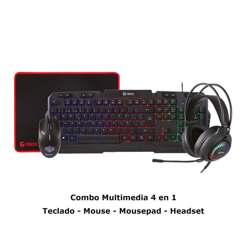 TEROS - Combo Multimedia 4 en 1 Teros TE4063N Teclado Mouse Headset Mouse Pad