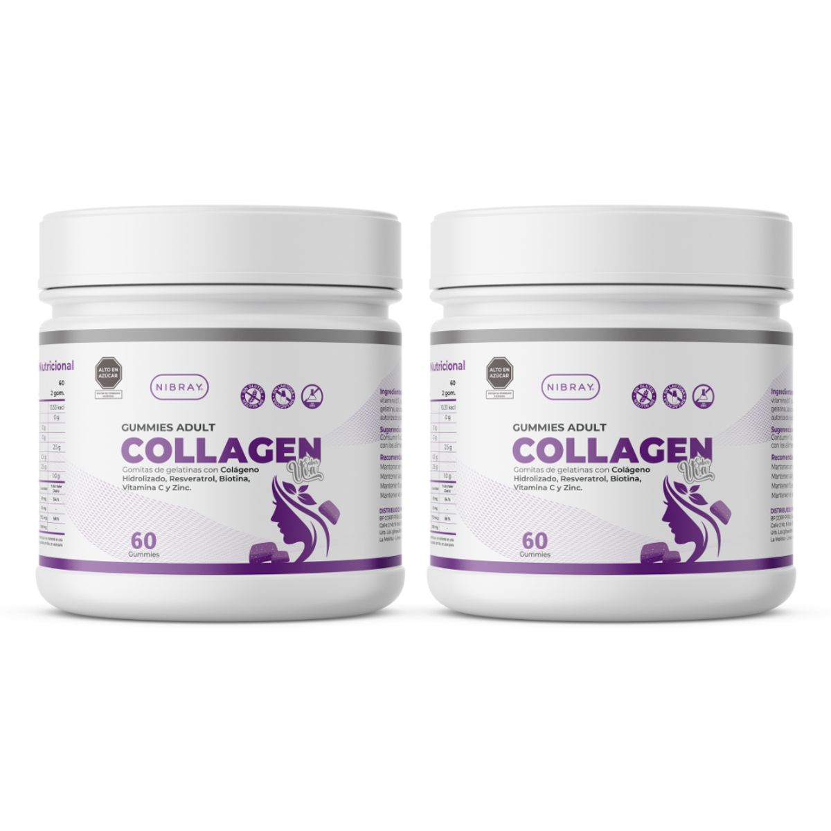 NIBRAY - Pack 2 Frascos Colageno Resveratrol Biotina Zinc Gomitas Nibray