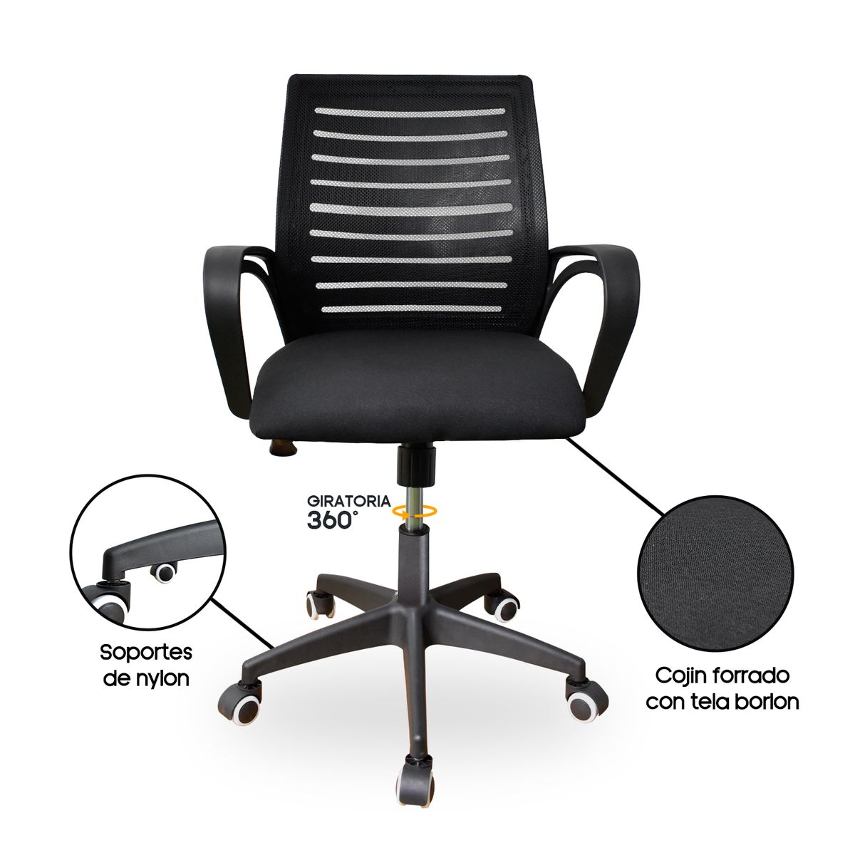 INIUS - Silla de Oficina Oskar con Respaldar Reforzable - Base Negra