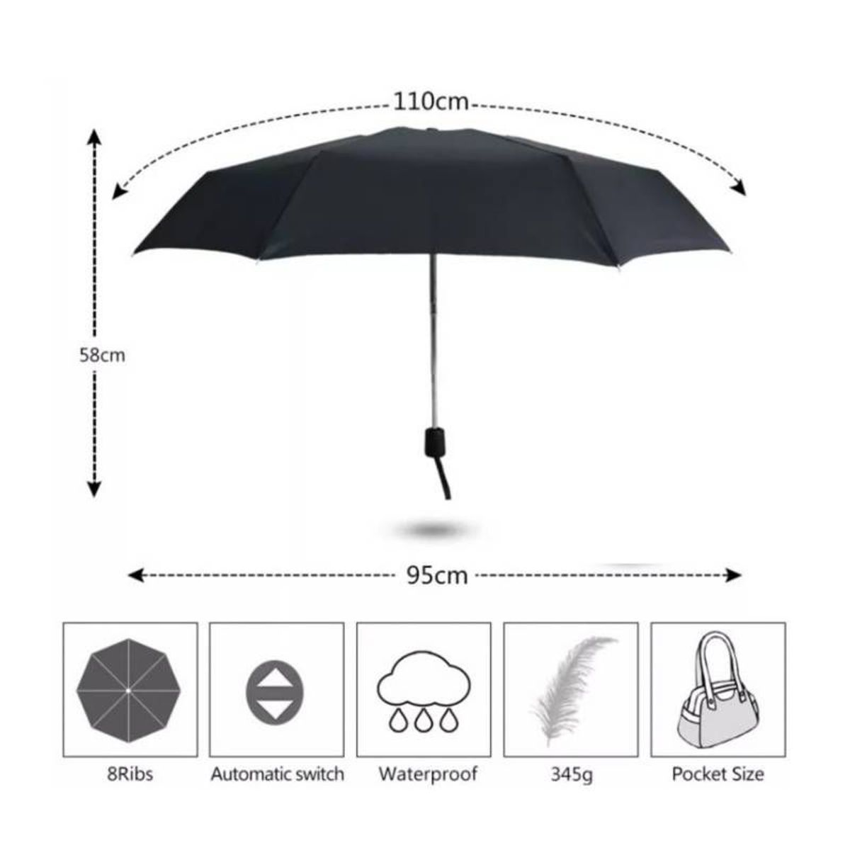 GENERICO - Paraguas Plegable Sombrilla de Mano para Sol Lluvia Negro