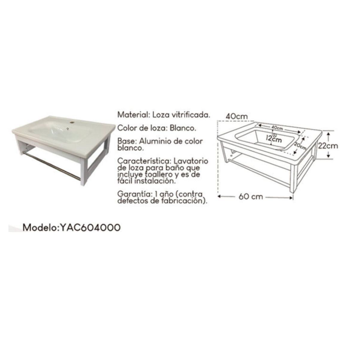 GENERICO - Lavatorio moderno de loza vitrificada XM 40x60 Blanco