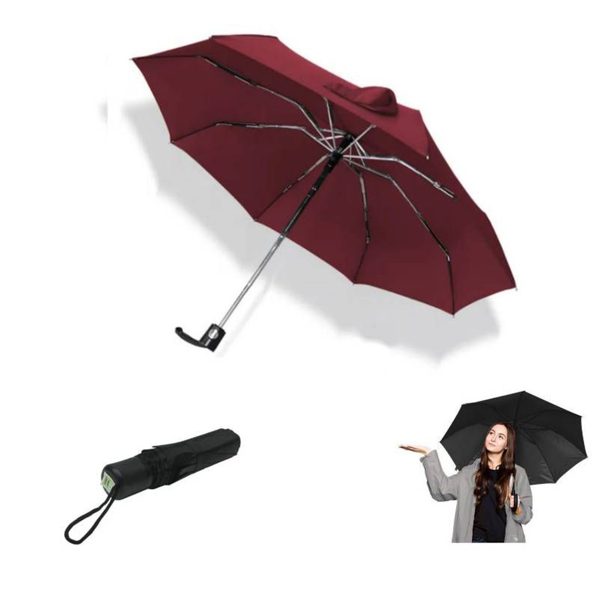 GENERICO - Paraguas Plegable Sombrilla de Mano para Sol Lluvia Guinda