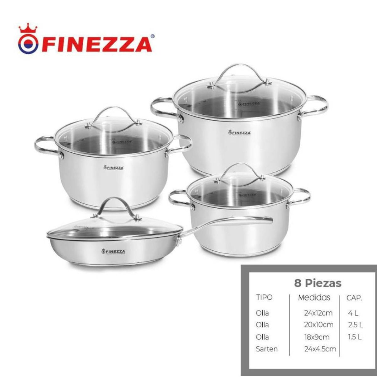 FINEZZA - JUEGO DE OLLAS ACERO INOXIDABLE 8 Pzas FINEZZA