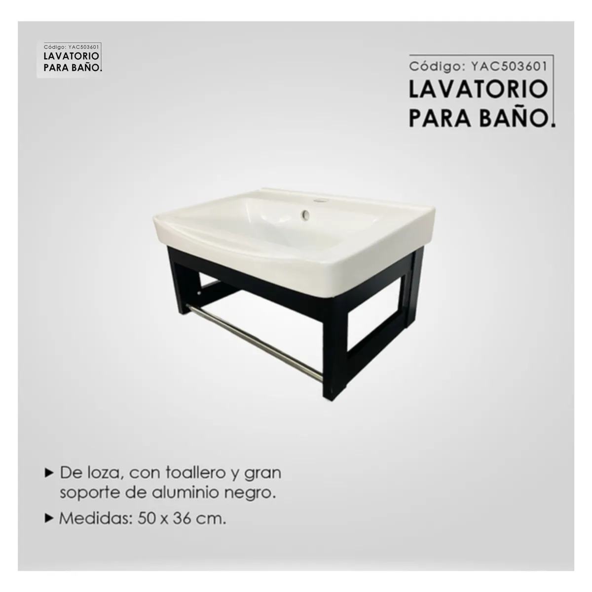 GENERICO - Lavatorio de Loza Vitrificada para baño 50 x 36 cm Blanco con negro
