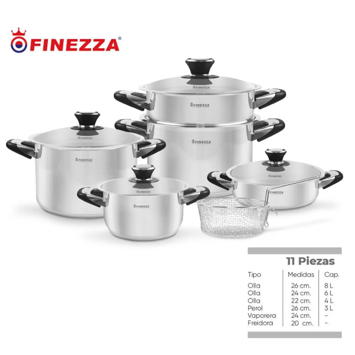 FINEZZA - JUEGO DE OLLAS EN ACERO INOXIDABLE 11 PZAS FINEZZA