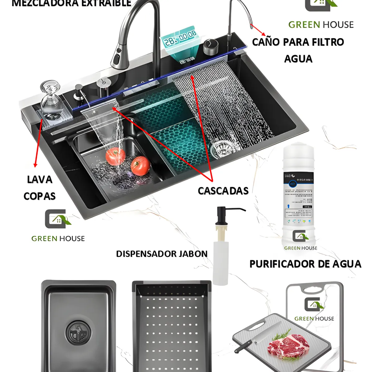 GREEN HOUSE - LAVADERO MULTIFUNCIONAL DE COCINA CON LUCES 5 TECLAS + MEZCLADORA