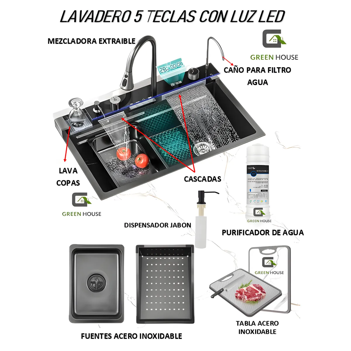 GREEN HOUSE - LAVADERO MULTIFUNCIONAL DE COCINA CON LUCES 5 TECLAS + MEZCLADORA