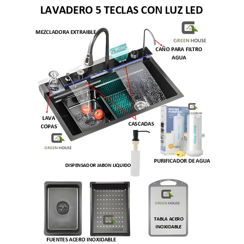GREEN HOUSE - LAVADERO MULTIFUNCIONAL DE COCINA CON LUCES 5 TECLAS + MEZCLADORA