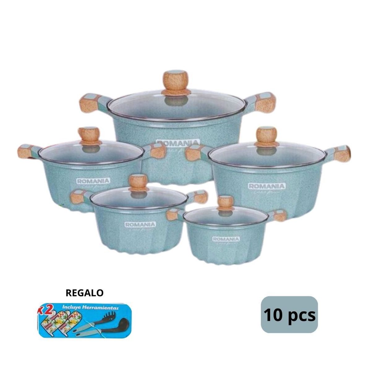 IMPORTADO MC - Juego de Ollas 10 Piezas Roca Volcánica - Esmeralda