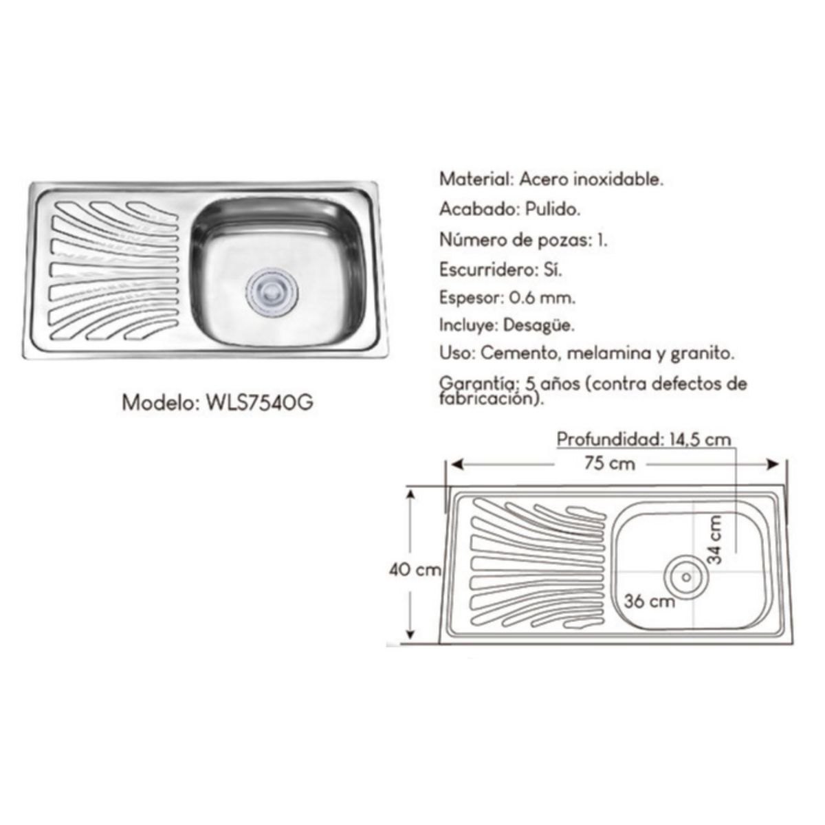 GENERICO - Lavadero de cocina 1 poza 40x75 cm con escurridero