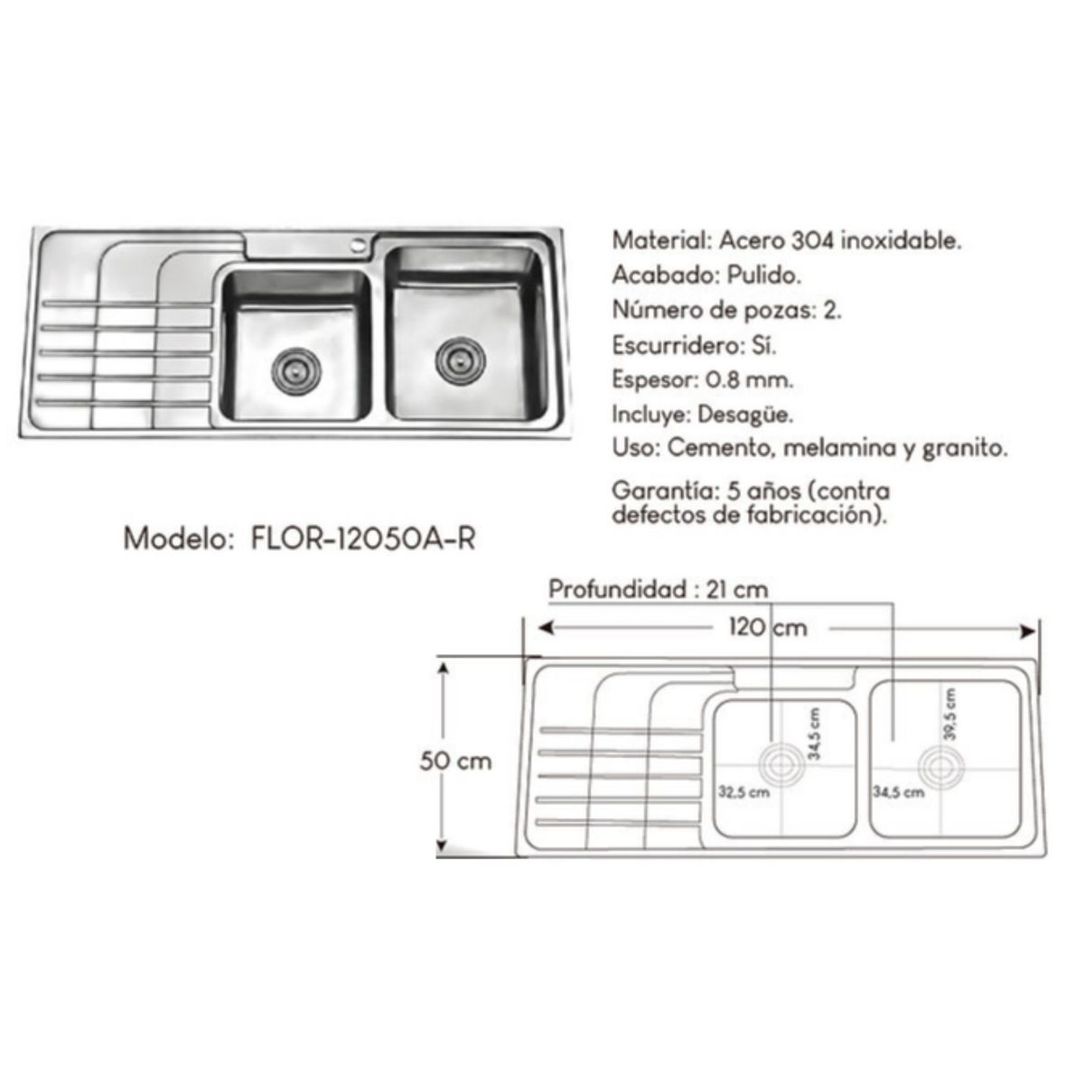 GENERICO - Lavadero de cocina moderno 2 pozas 50x120 cm con escurridero