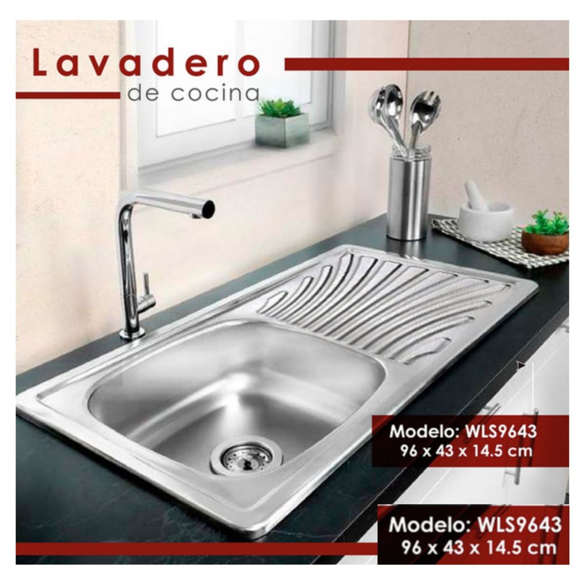 GENERICO - lavaplato moderno 1 poza acero inox 43x96 cm con escurridero