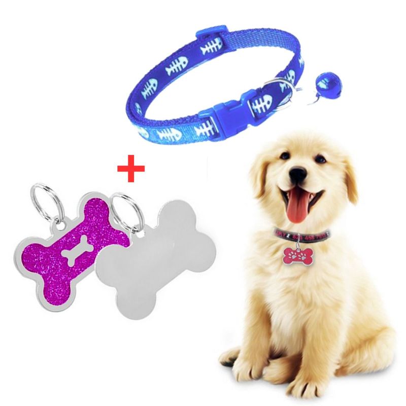 GENERICO - PLACA Y COLLAR PARA MASCOTAS CON CASCABEL - FUCSIA y AZUL