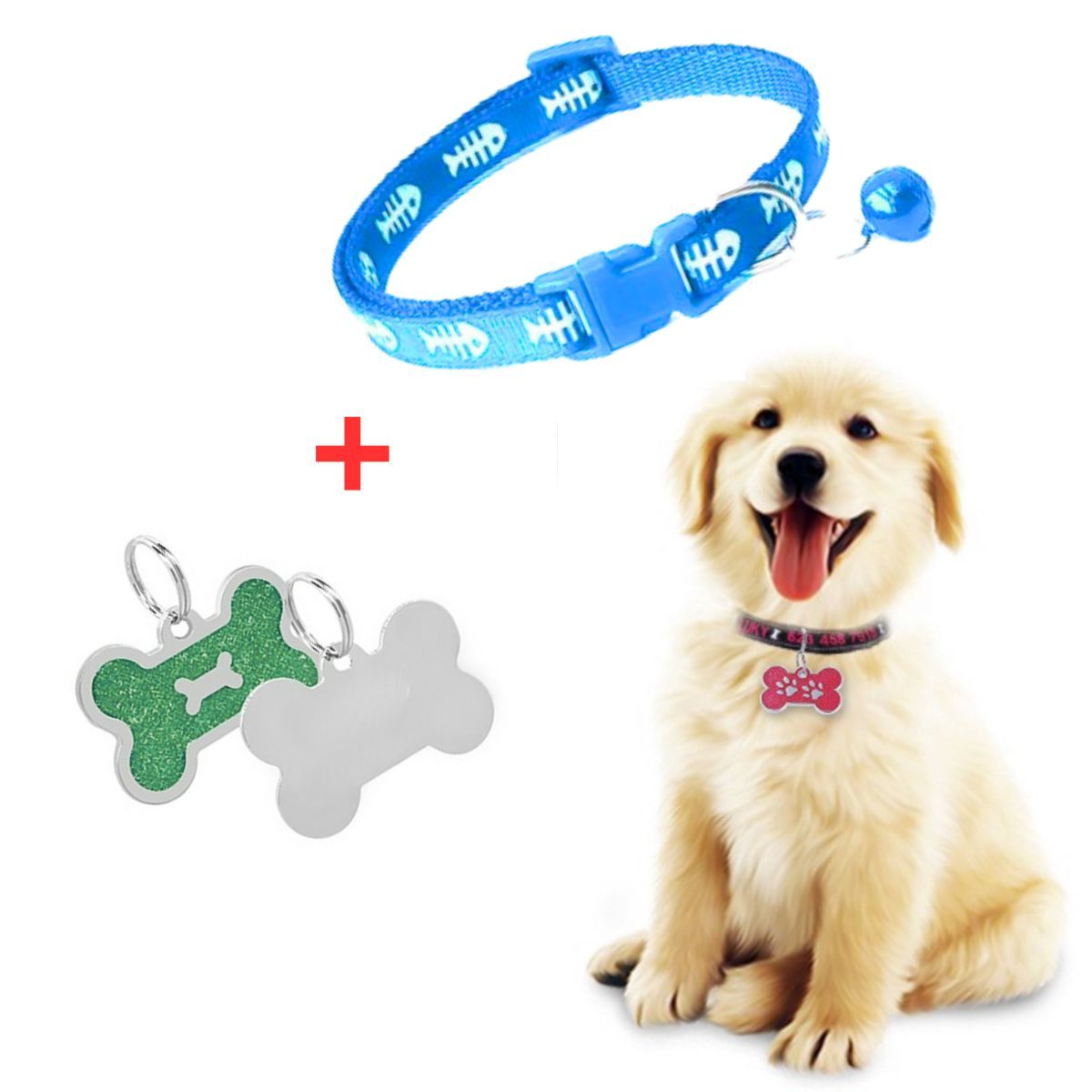 GENERICO - PLACA Y COLLAR PARA MASCOTAS CON CASCABEL - VERDE y CELESTE