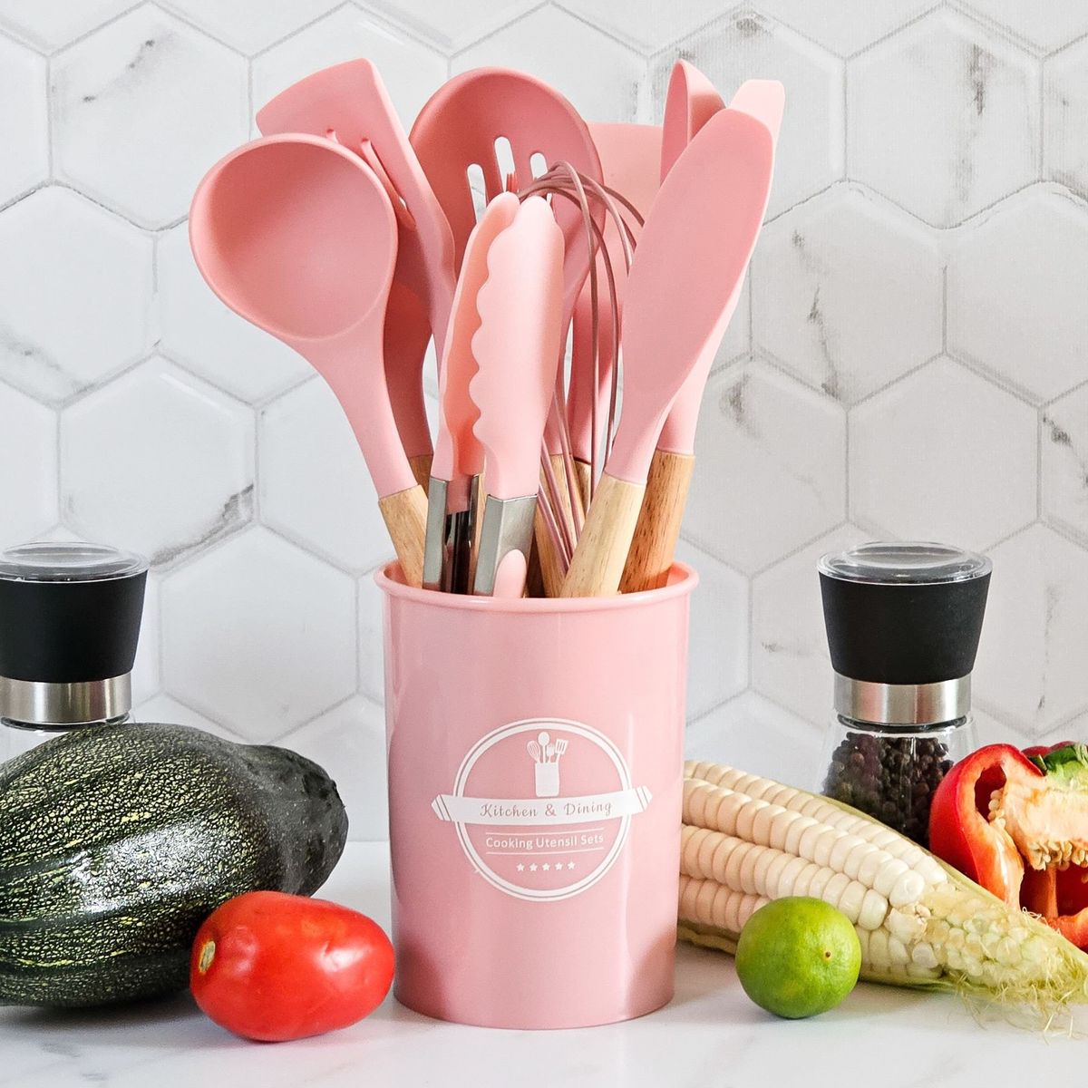 GENERICO - Set de Cucharones Utensilios de Silicona para Cocina 12 PCS Rosa