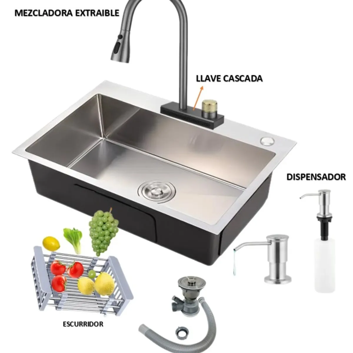 IMPORTADO MC - COMBO LAVADERO DE COCINA MODELO POZON 81x48x22cm  ACERO + MEZCLADORA